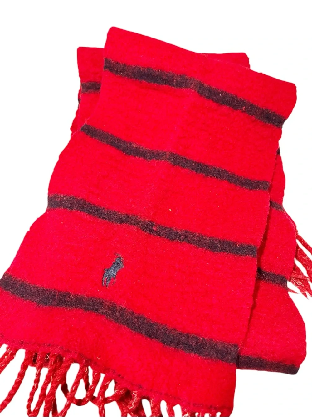 Polo Ralph Lauren Lambs Wool Red Blue Stripe Fringe Vintage Scarf